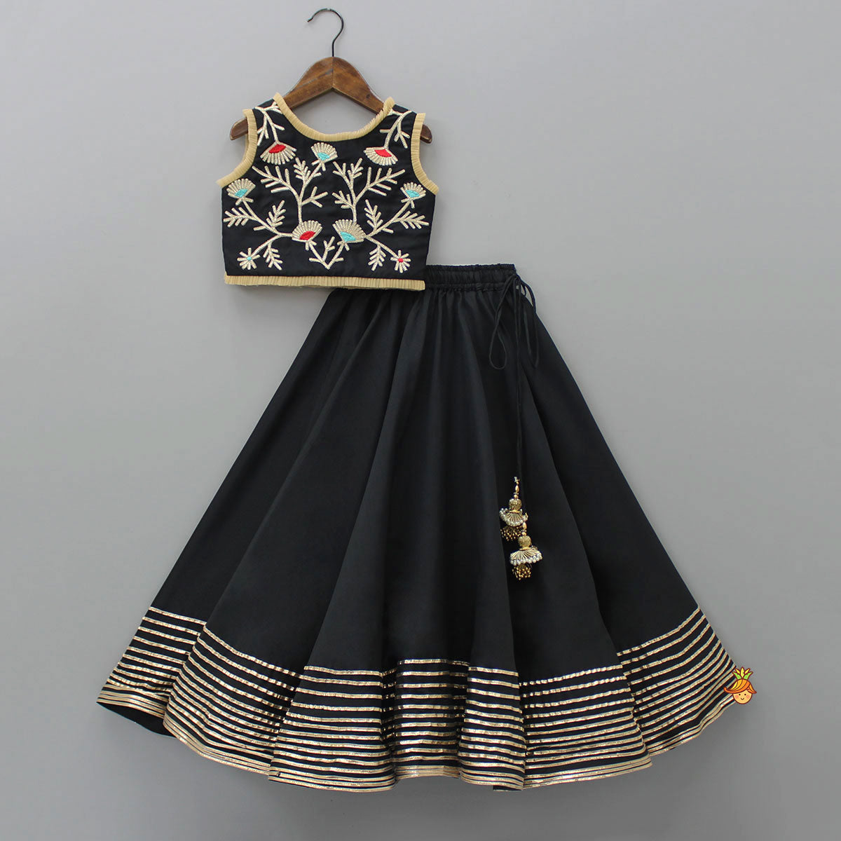 Pre Order: Elegant Pleated Black Top And Gota Lace Work Flared Lehenga With Beige Dupatta