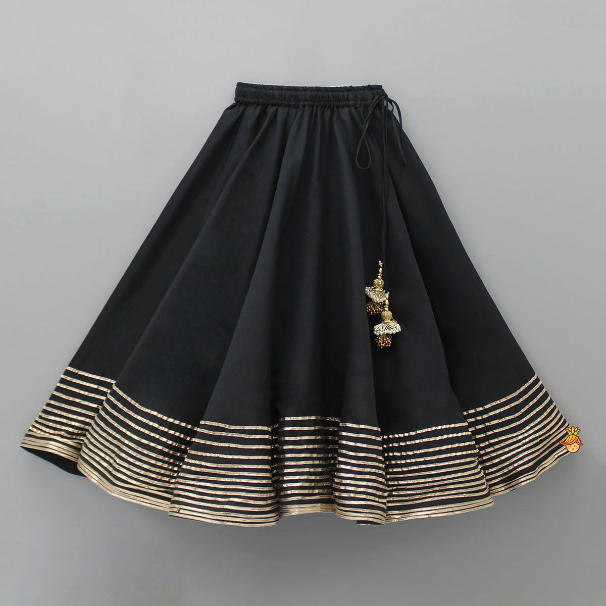 Pre Order: Elegant Pleated Black Top And Gota Lace Work Flared Lehenga With Beige Dupatta