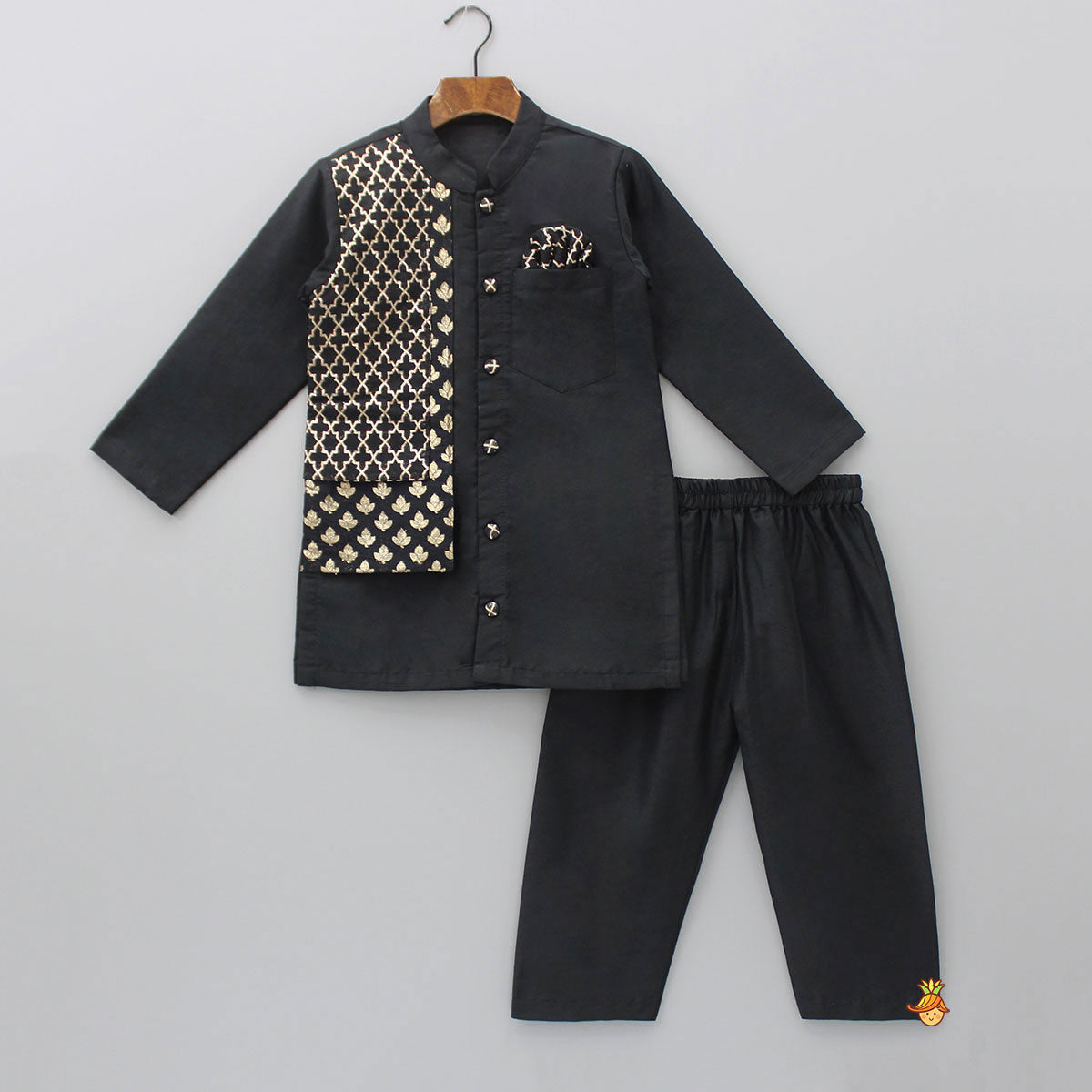 Pre Order: Zari Embroidered Front Open Black Kurta And Pyjama