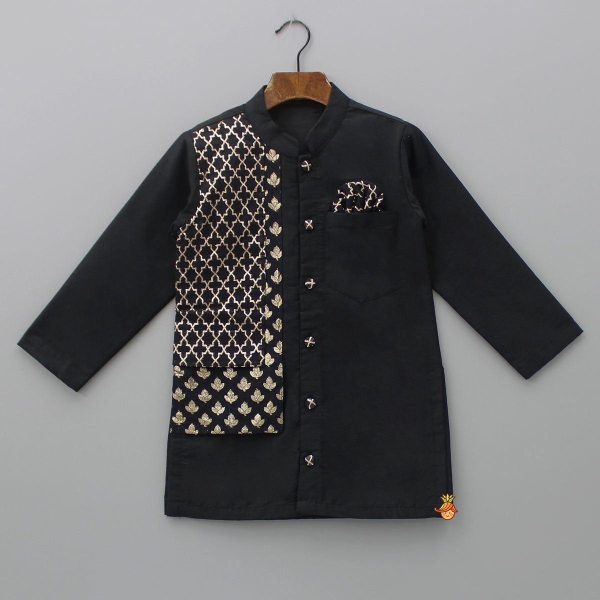 Pre Order: Zari Embroidered Front Open Black Kurta And Pyjama