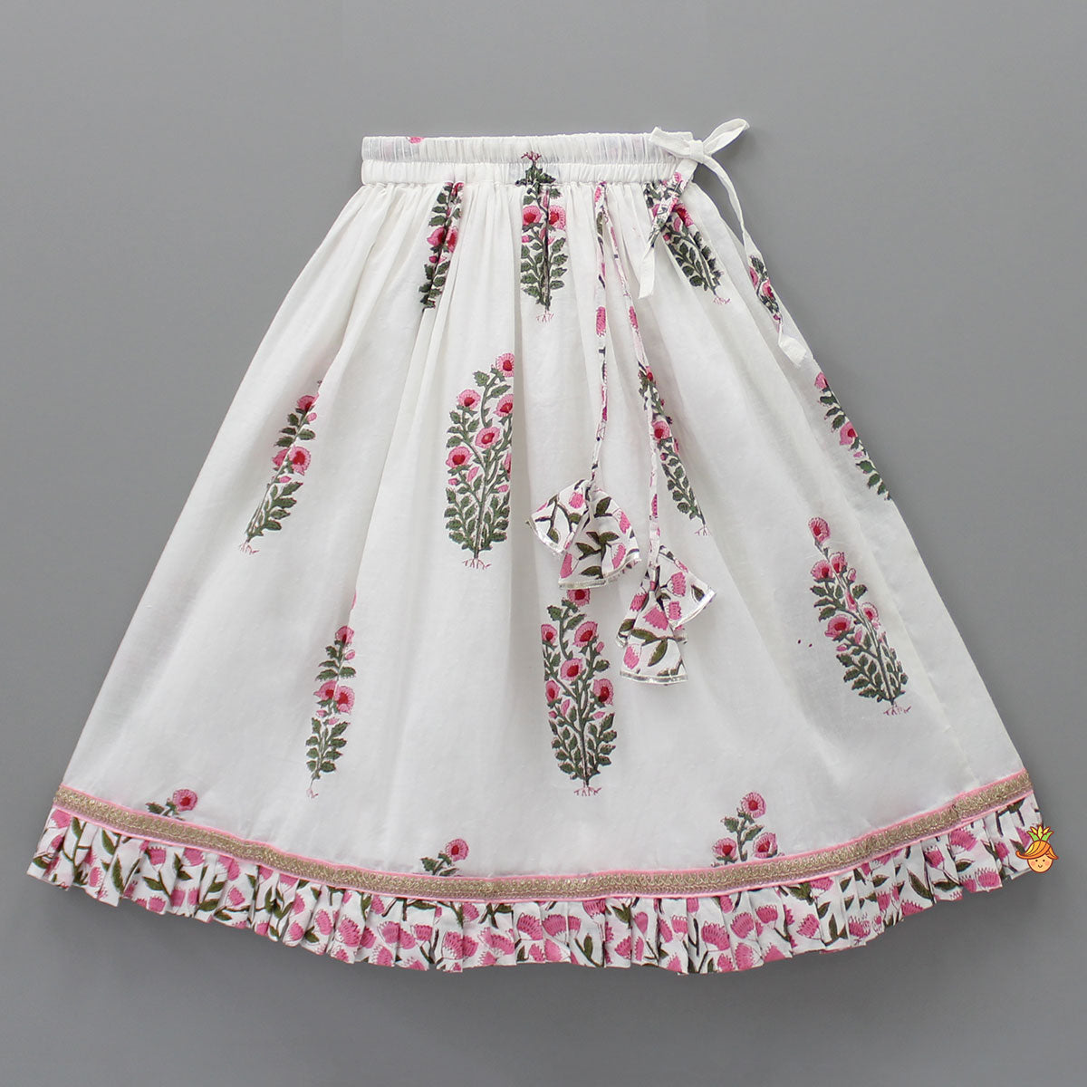 Pre Order: Short Sleeves Pink And White Dual Tone Cotton Top With Hand Block Printed Flared Lehenga And Pleated Dupatta
