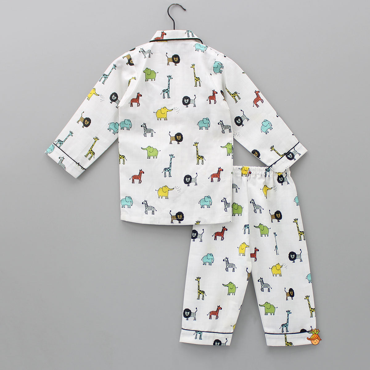 Pre Order: Collar Neck Animal Printed White Cotton Sleepwear