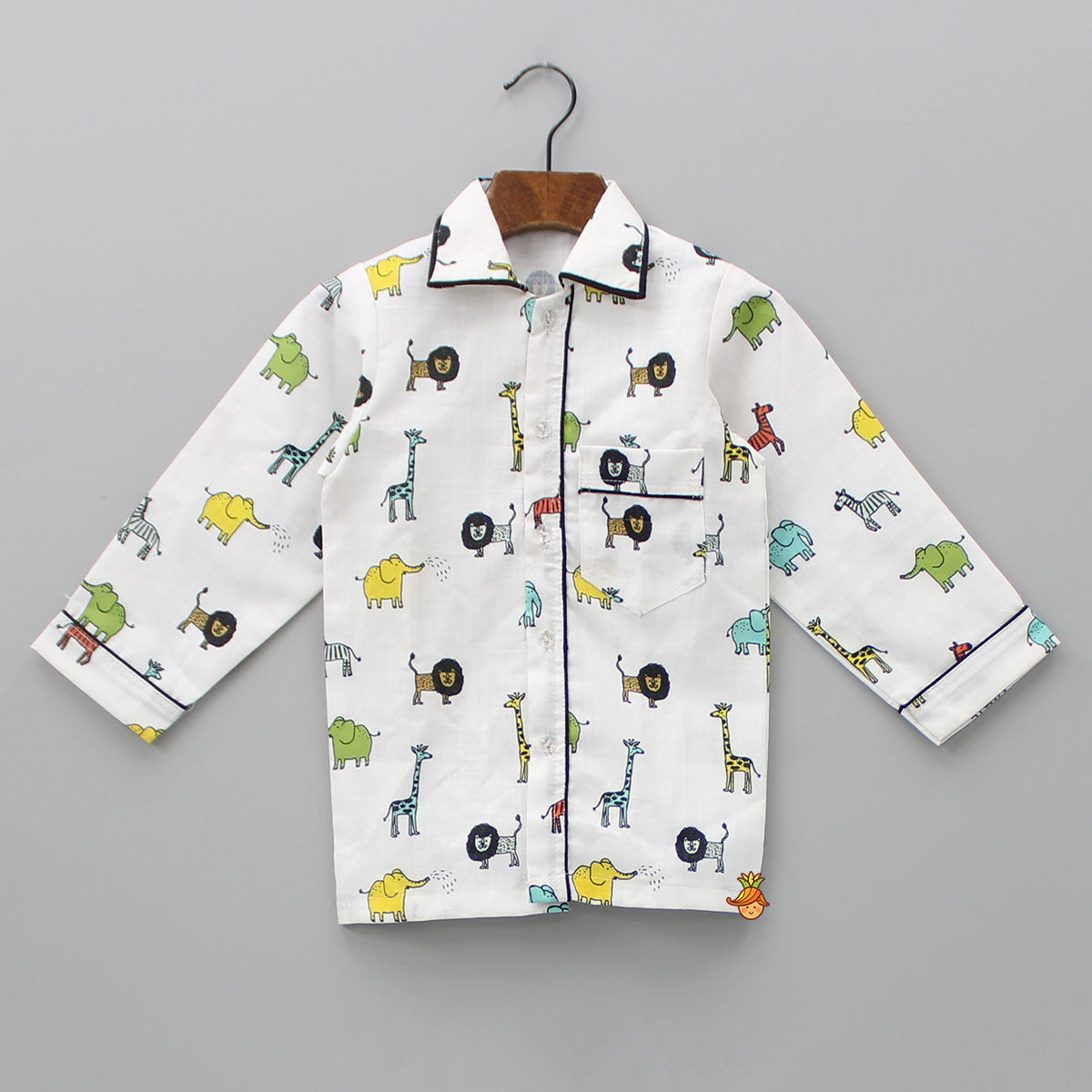 Pre Order: Collar Neck Animal Printed White Cotton Sleepwear