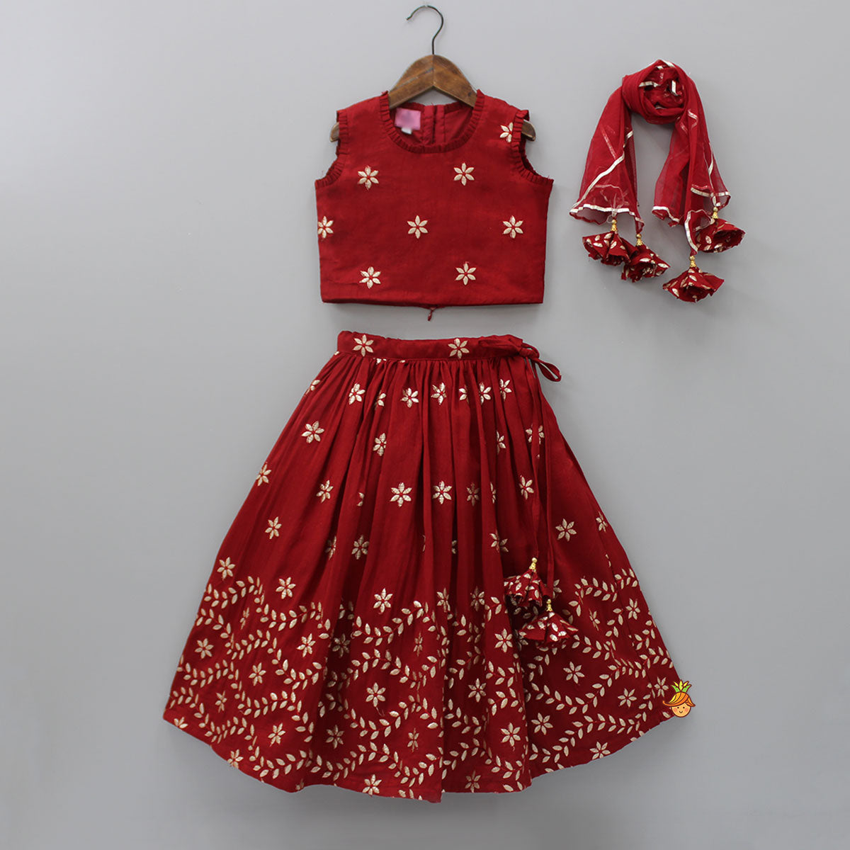 Pre Order: Elegant Red Flower And Leaf Embroidered Top With Lehenga And Gota Lace Work Matching Dupatta