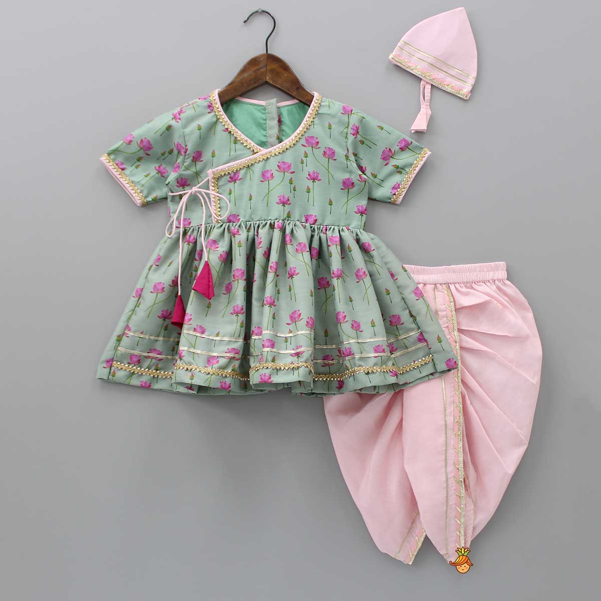 Pre Order: Mint Green Angarkha Style Top And Gota Lace Detailed Baby Pink Dhoti With Matching Mukut