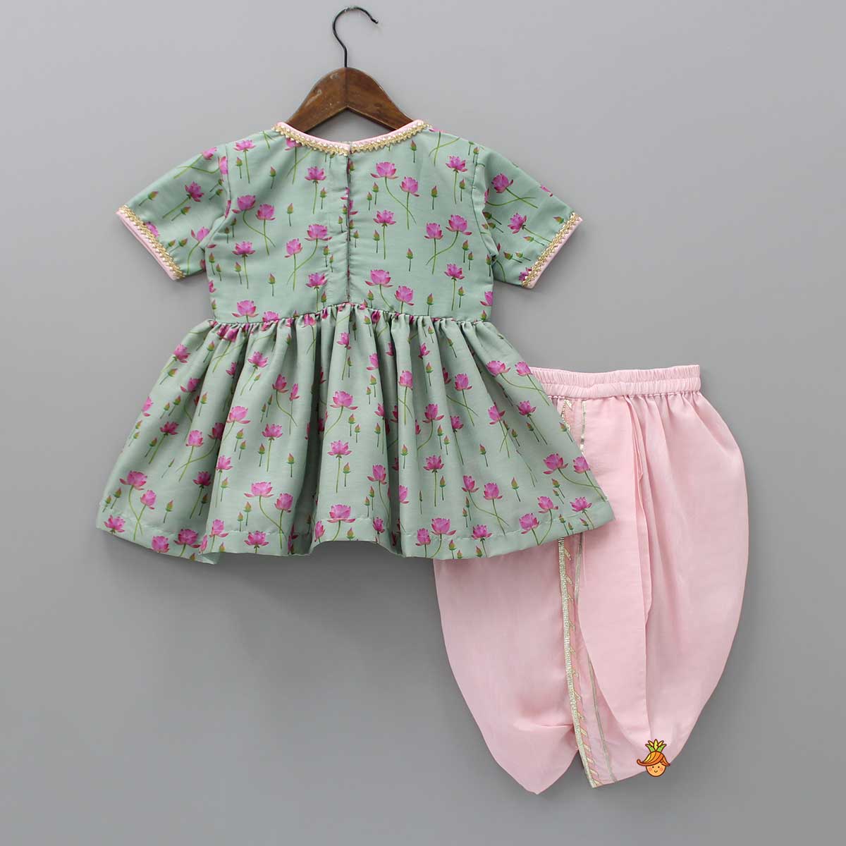 Pre Order: Mint Green Angarkha Style Top And Gota Lace Detailed Baby Pink Dhoti With Matching Mukut
