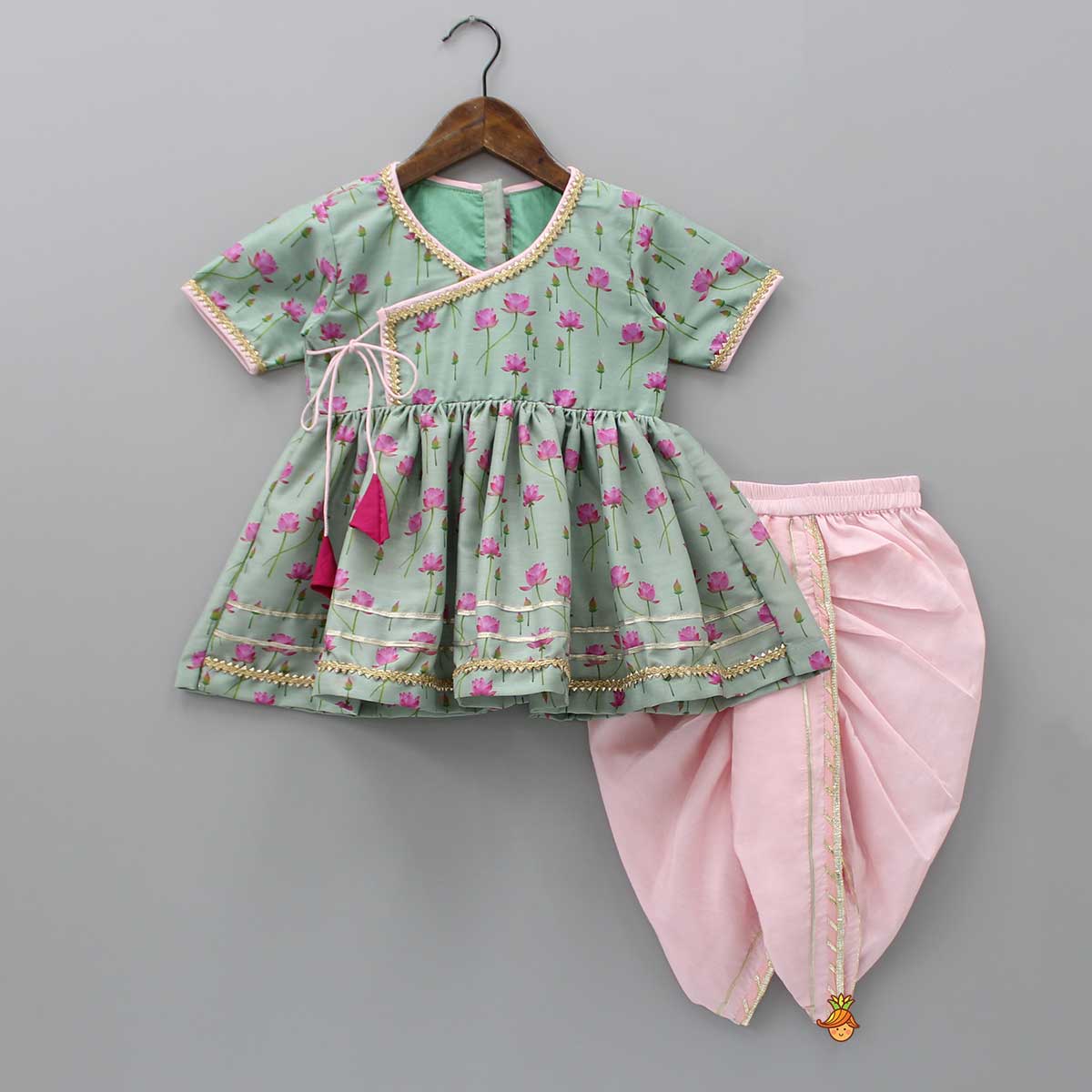 Pre Order: Mint Green Angarkha Style Top And Gota Lace Detailed Baby Pink Dhoti With Matching Mukut