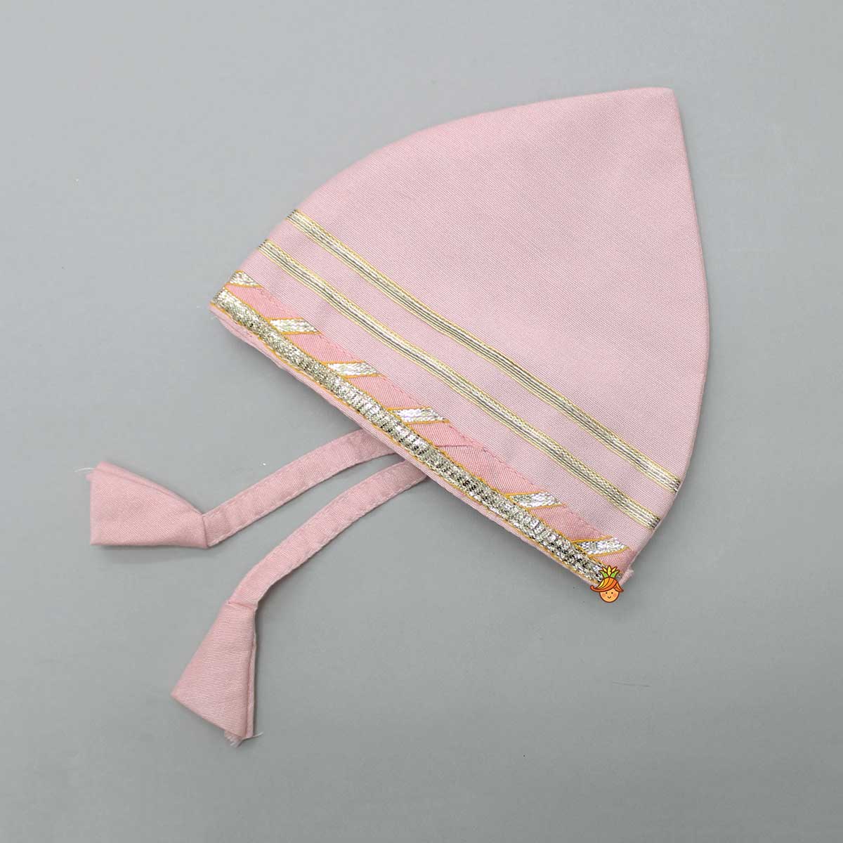 Pre Order: Mint Green Angarkha Style Top And Gota Lace Detailed Baby Pink Dhoti With Matching Mukut