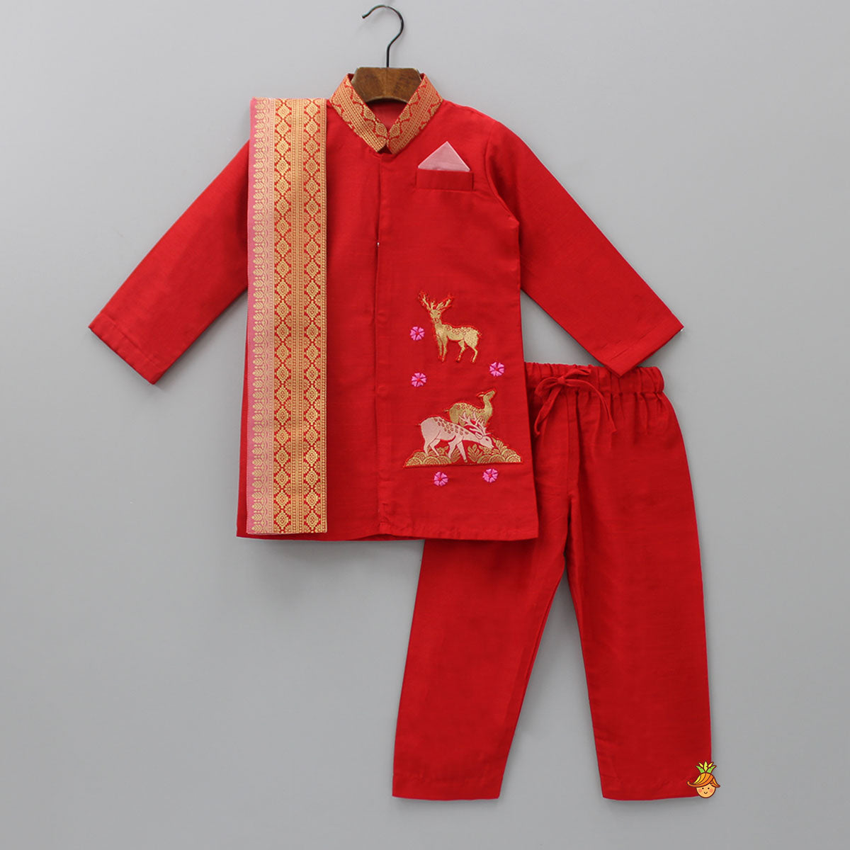 Pre Order: Reindeer Embroidered Red Kurta And Pyjama With Shawl