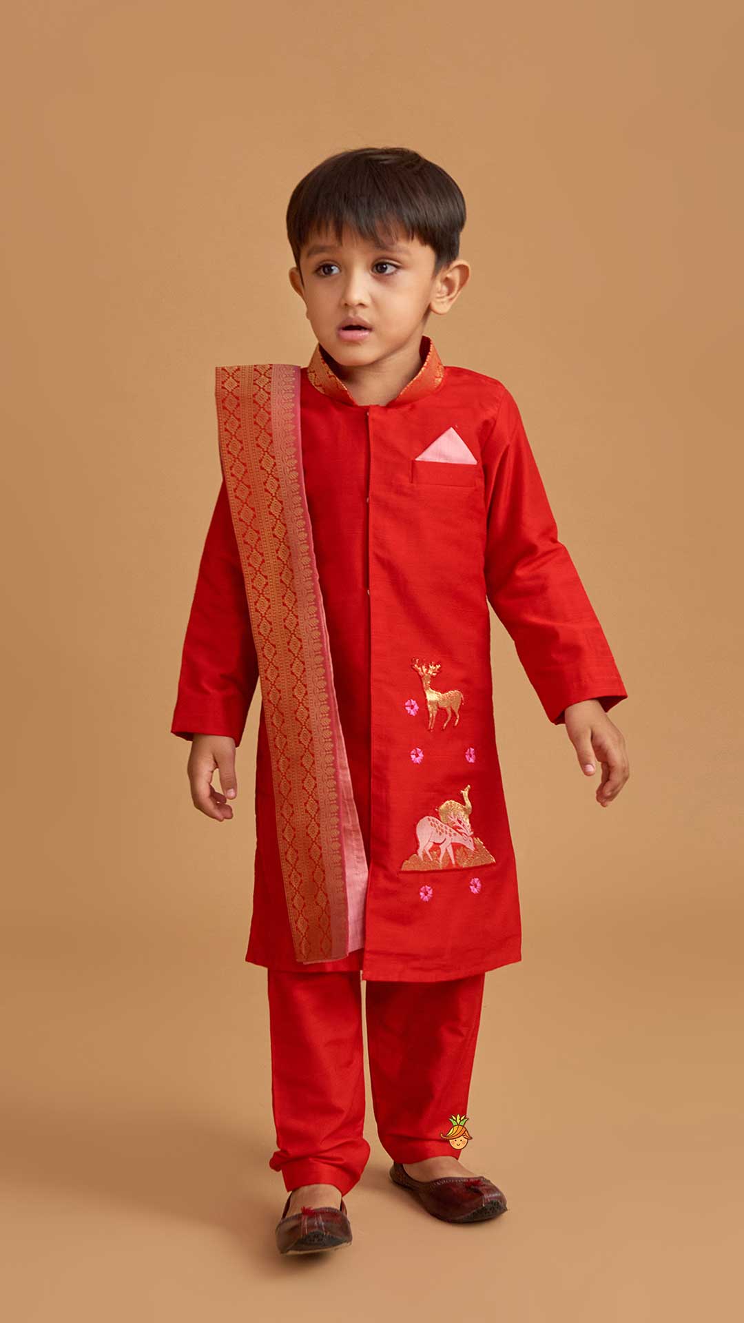 Pre Order: Reindeer Embroidered Red Kurta And Pyjama With Shawl