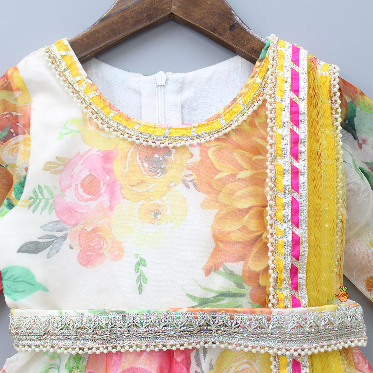 Pre Order: Adorable Blooming Flowers Printed Asymmetric Ruffle Hem Anarkali With Pearls Lace Detail Attached Dupatta