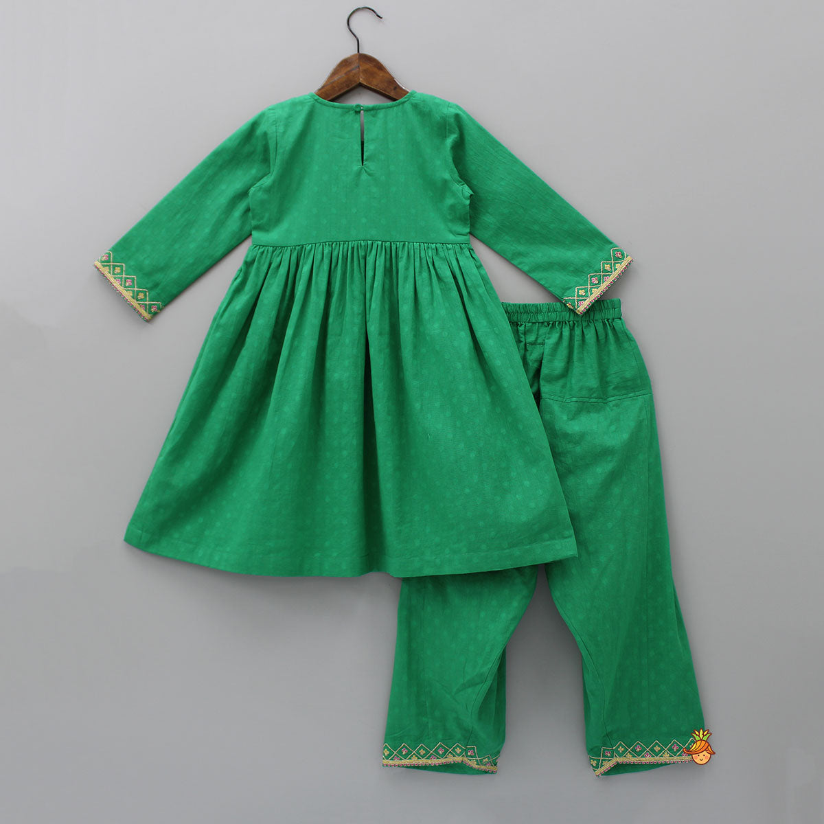 Pre Order: Yoke Embroidered Green Round Neck Kurti And Salwar With Gota Lace Work Dupatta