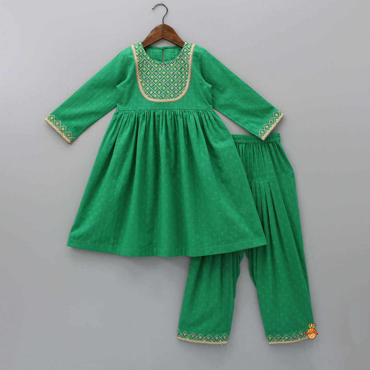 Pre Order: Yoke Embroidered Green Round Neck Kurti And Salwar With Gota Lace Work Dupatta