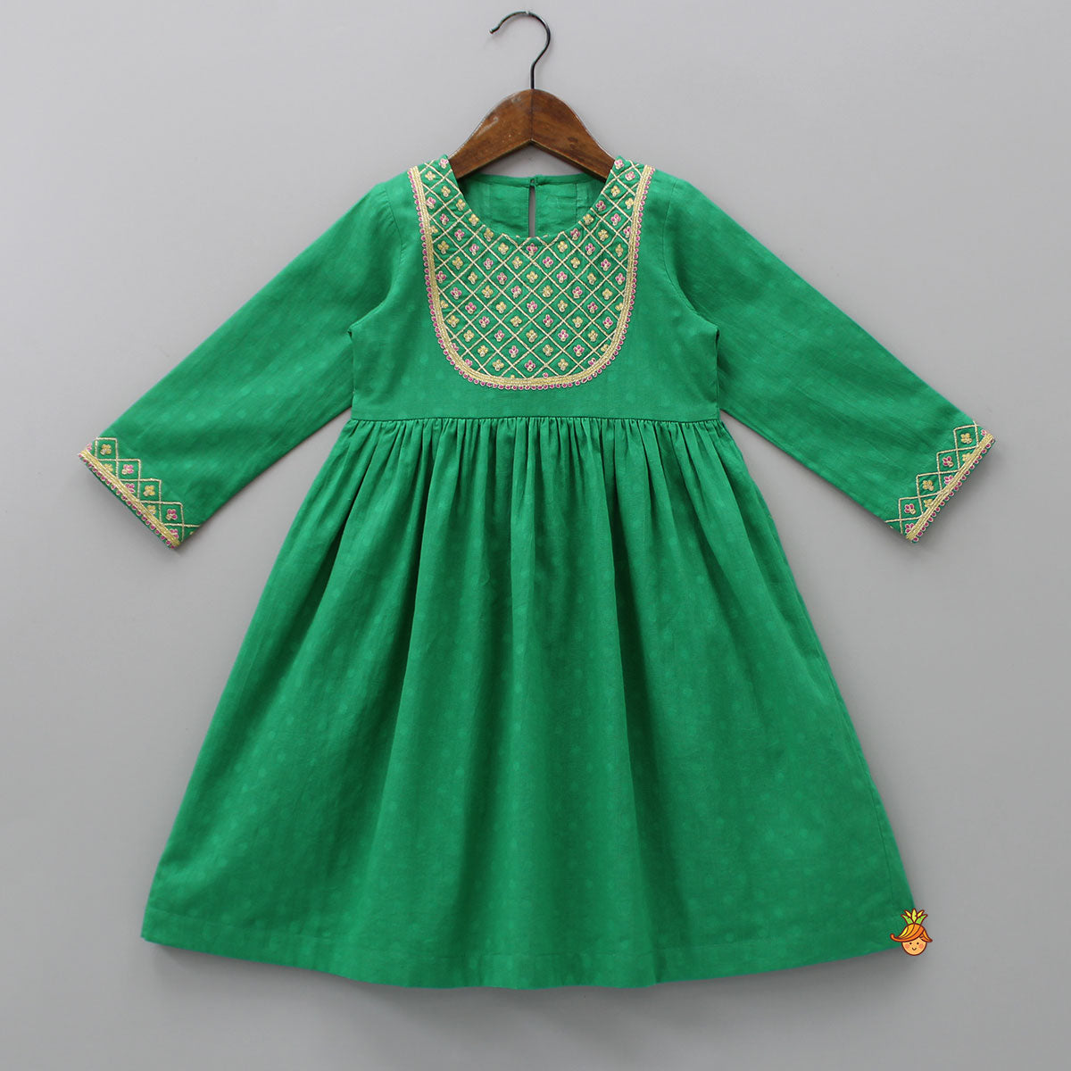 Pre Order: Yoke Embroidered Green Round Neck Kurti And Salwar With Gota Lace Work Dupatta