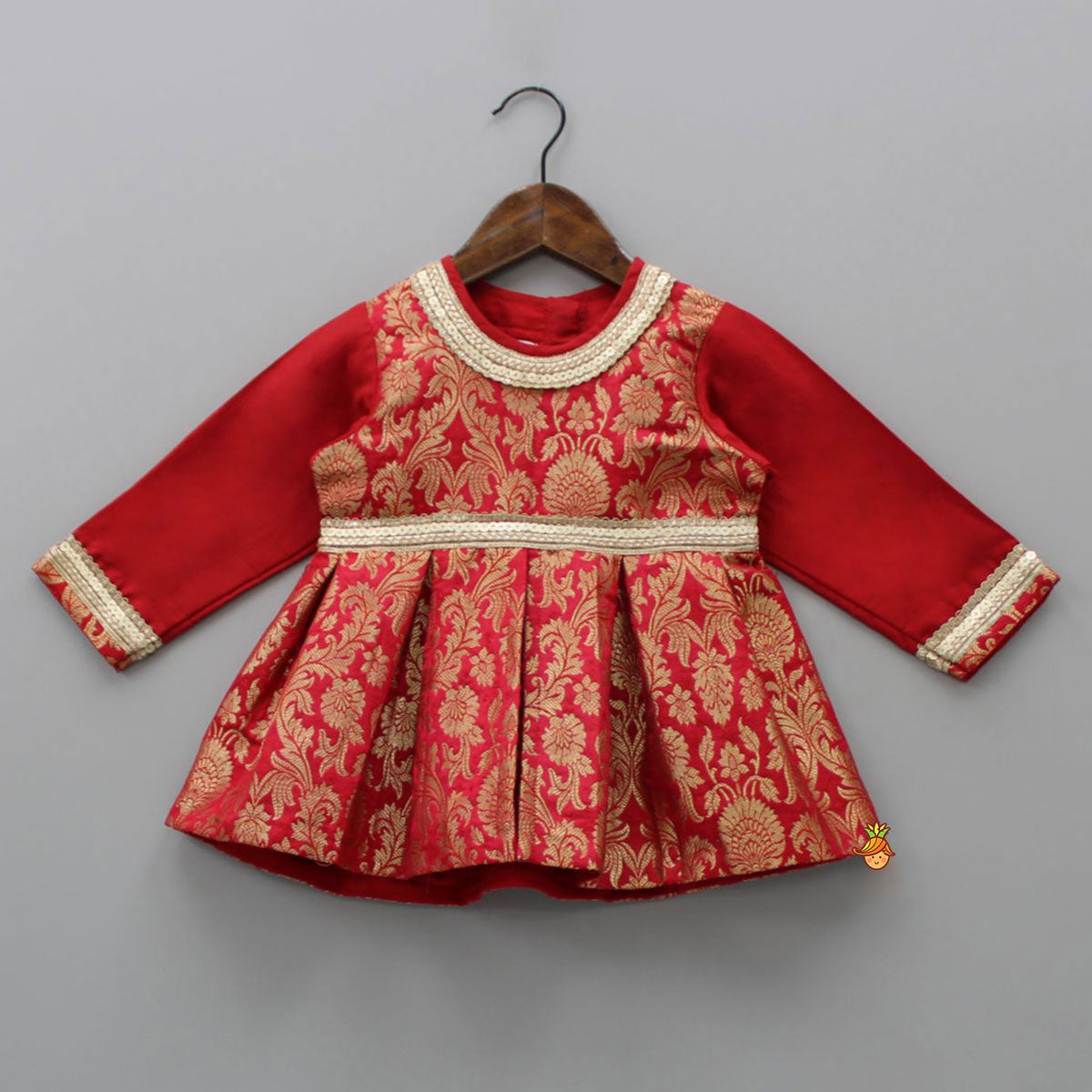 Pre Order: Brocade Embroidered Red Box Pleated Top And Layered Lehenga With Matching Diagonal Gota Lace Work Dupatta