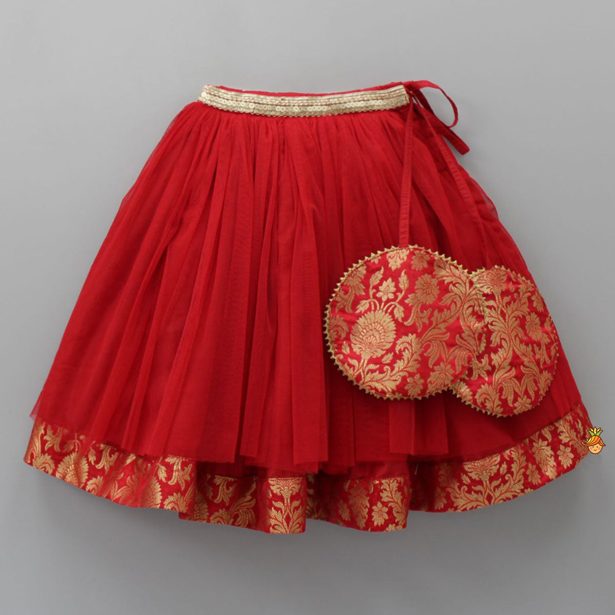 Pre Order: Brocade Embroidered Red Box Pleated Top And Layered Lehenga With Matching Diagonal Gota Lace Work Dupatta