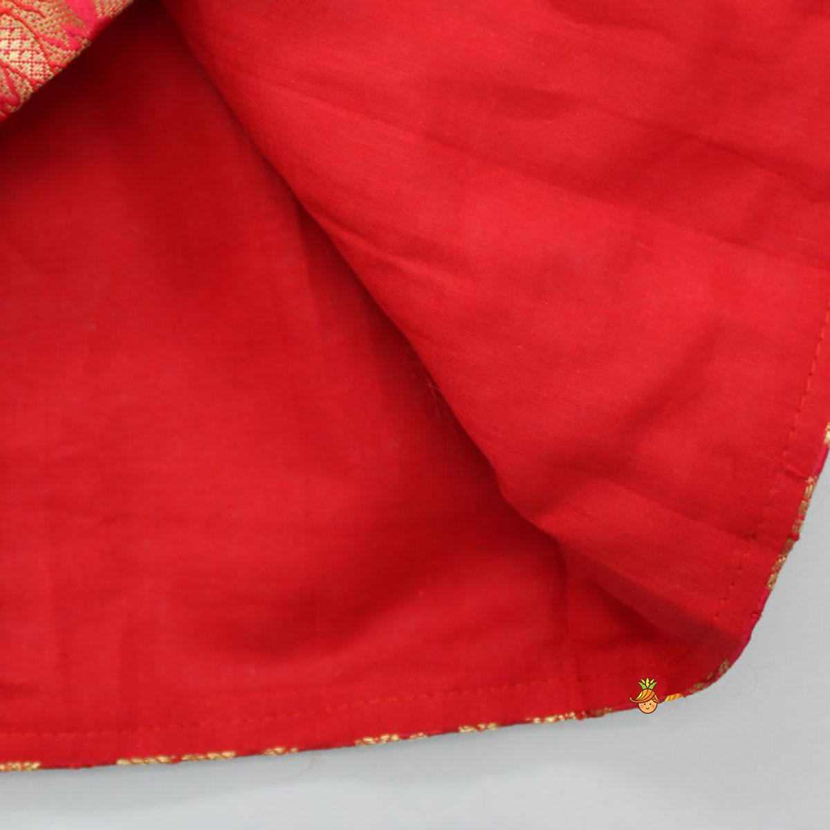 Pre Order: Brocade Embroidered Red Box Pleated Top And Layered Lehenga With Matching Diagonal Gota Lace Work Dupatta