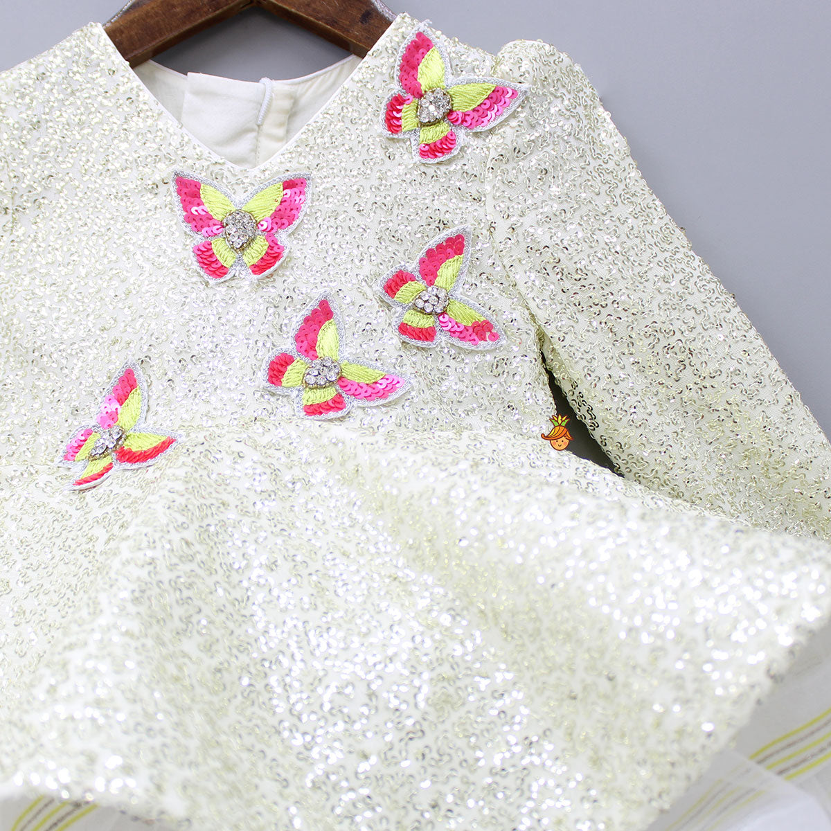 Pre Order: Butterfly Embellished Yoke Sequined Shimmery V Neck Dress