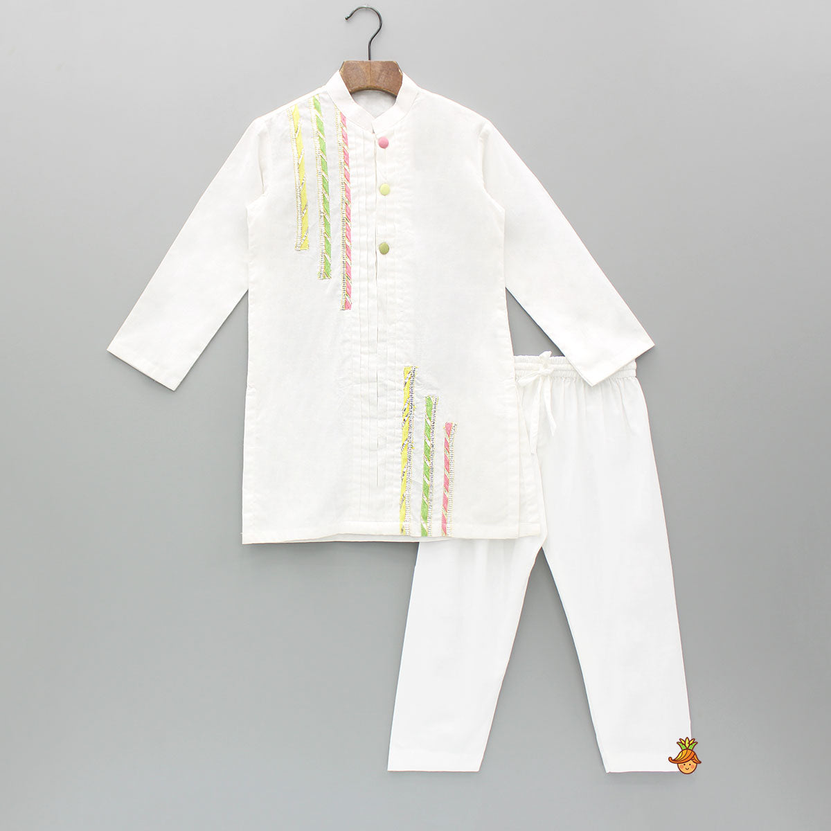 Pre Order: Gota Lace Work White Pin Tuck Kurta And Pyjama