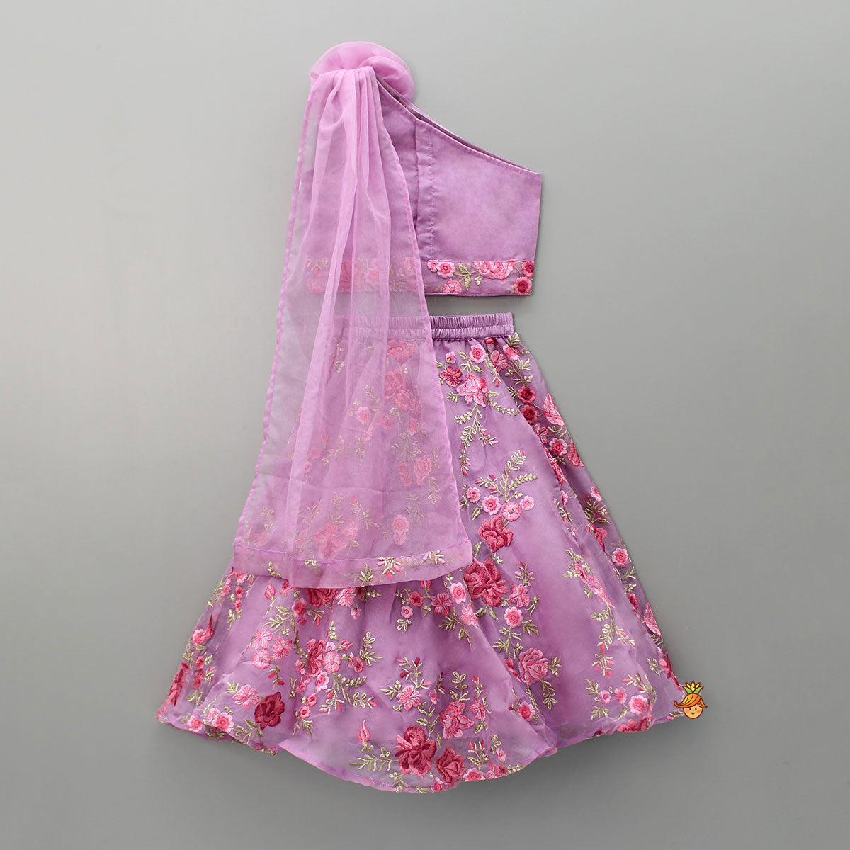 Pre Order: Lilac Pleated Rose Drape Top And Floral Embroidered Lehenga