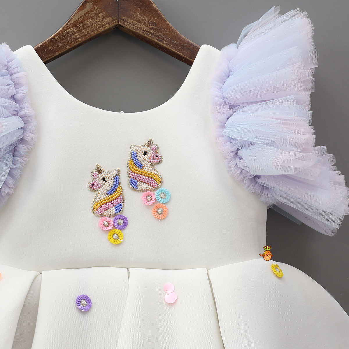 Pre Order: Unicorn Embroidered Yoke Neoprene White And Light Blue Dress