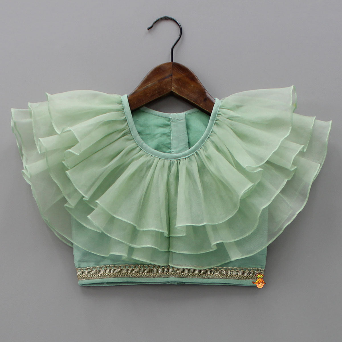 Pre Order: Organza Triple Layered Flap Mint Green Top And Zari Embroidered Lehenga