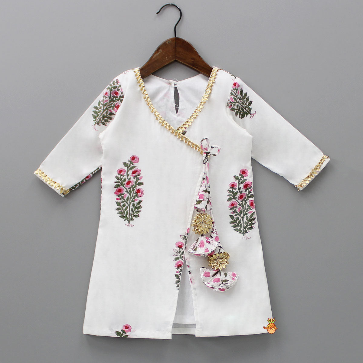 Pre Order: Angarkha Style Front Slit White Kurti And Multicolour Gota Lace Work Sharara With Fringes Dupatta