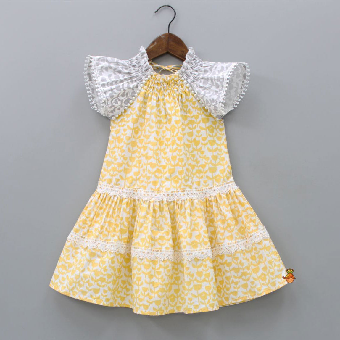 Pre Order: Flat Back Pearls Embellished Yellow And Grey High Neck Dress