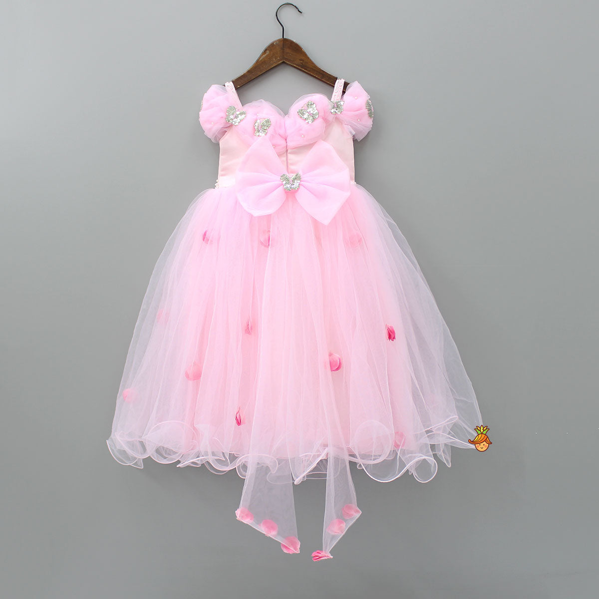 Pre Order: Butterfly And Pearls Enhanced Yoke Floral Baby Pink Gown With Detachable Drape Bow