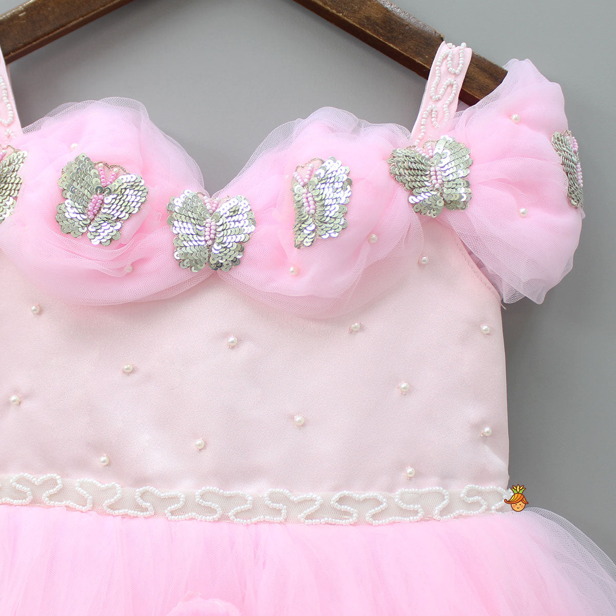 Pre Order: Butterfly And Pearls Enhanced Yoke Floral Baby Pink Gown With Detachable Drape Bow