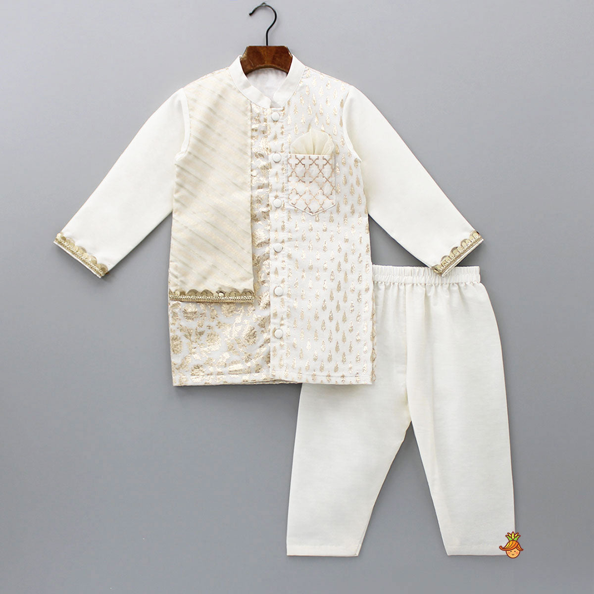 Pre Order: Patch Pocket Detail Chanderi Embroidered Cream Attached Flap Kurta And Pyjama