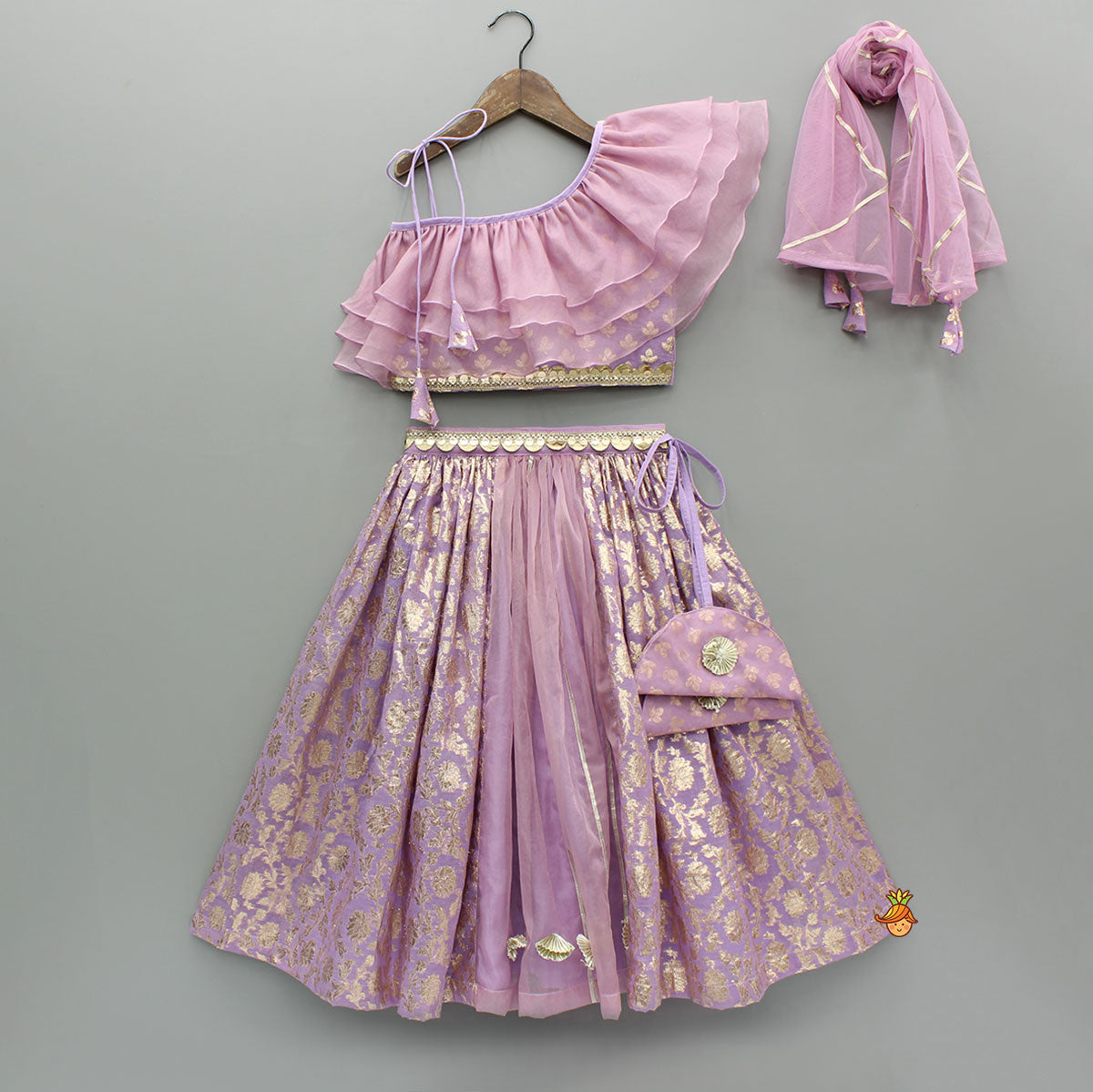 Pre Order: Elegant Pastel Purple Embroidered One Shoulder Top With Lehenga And Gota Lace Detail Dupatta