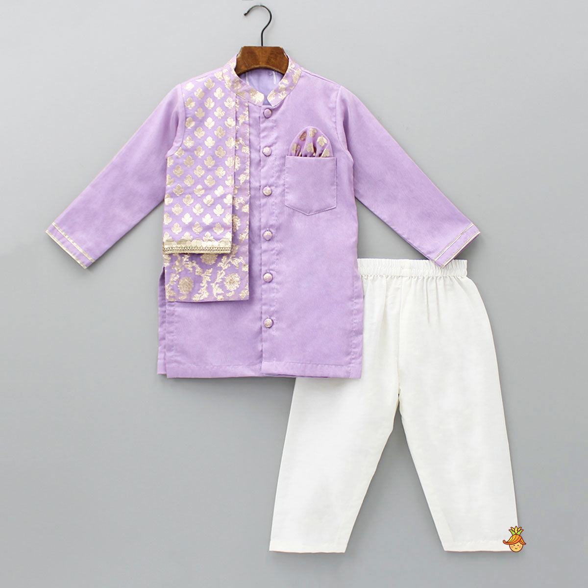 Pre Order: Zari Embroidered Front Open Pastel Purple Flap Kurta And Off White Pyjama