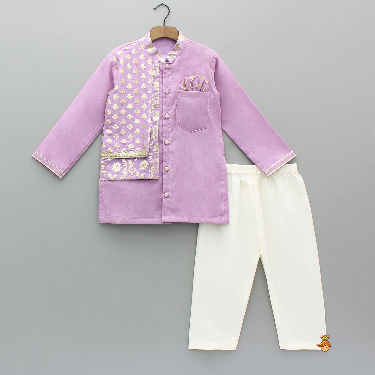 Pre Order: Zari Embroidered Front Open Flap Kurta And Off White Pyjama