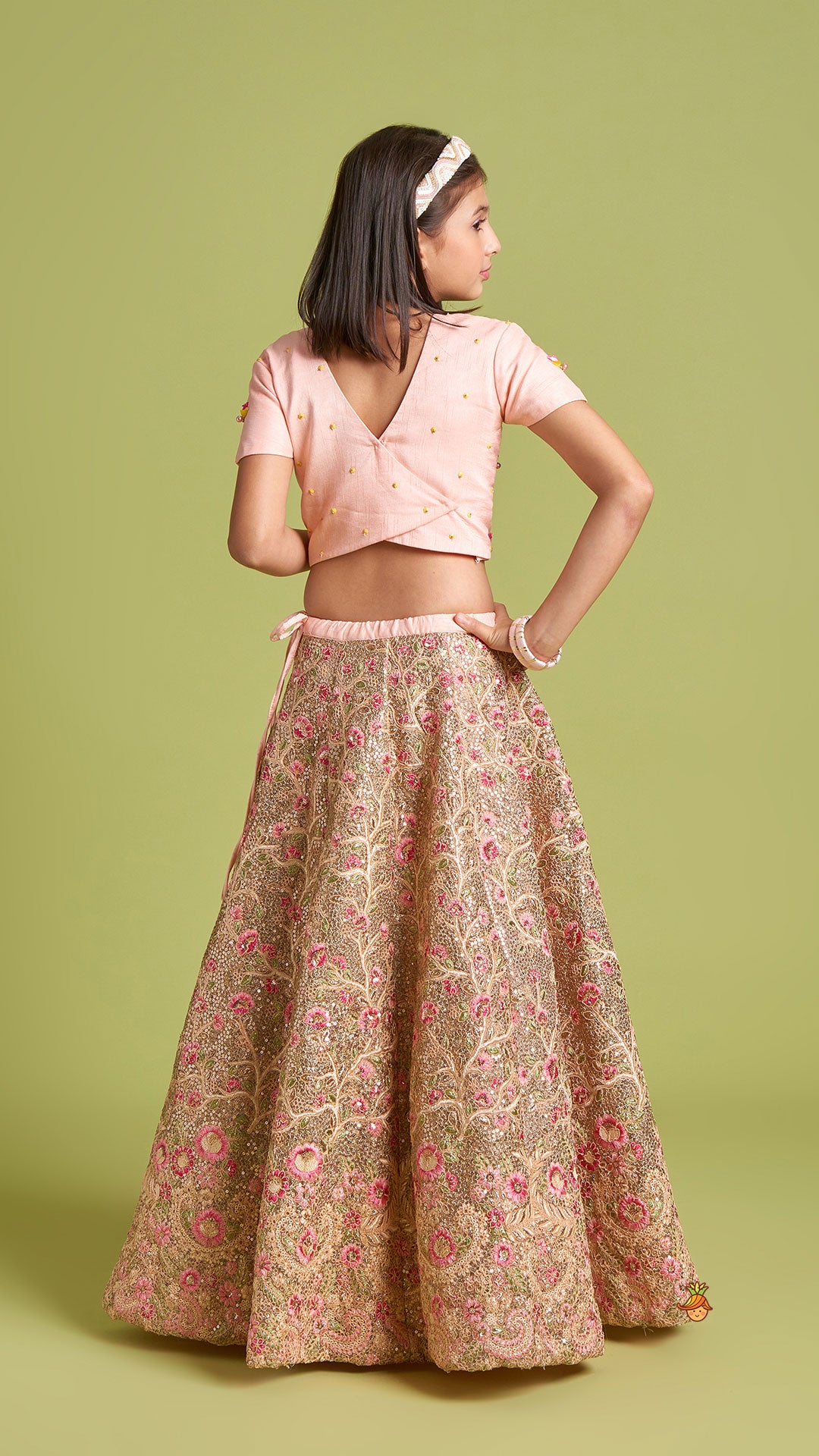 Pre Order: Peach Cap Sleeves Top And Heavy Embroidered Lehenga