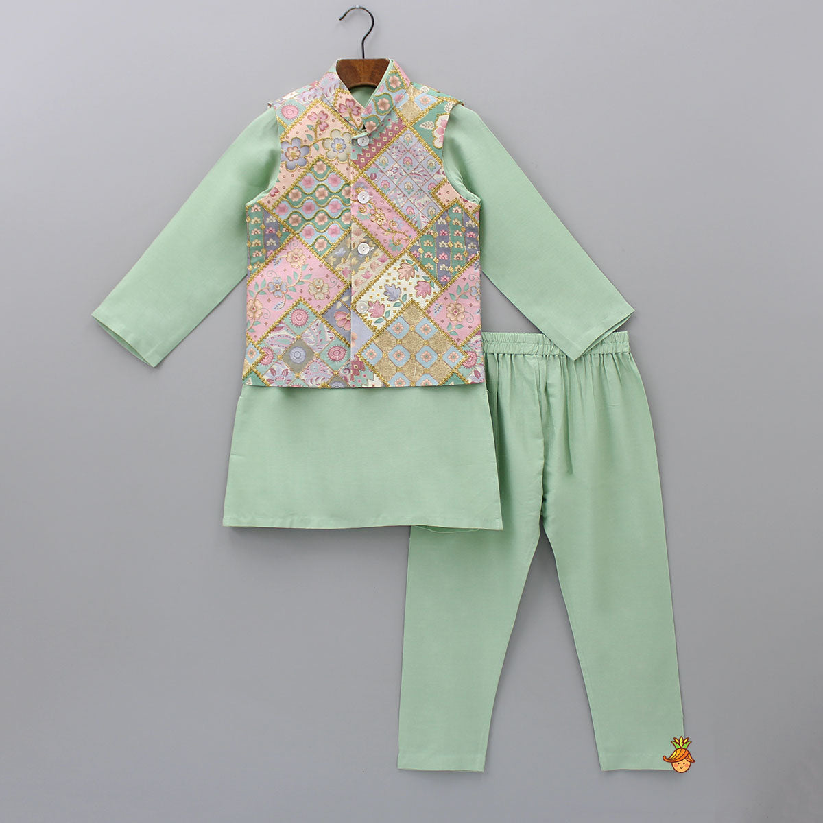 Pre Order: Sage Green Kurta With Cotton Silk Embroidered Jacket And Pyjama