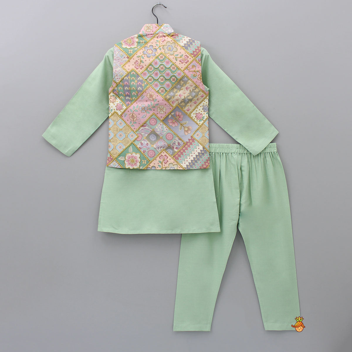 Pre Order: Sage Green Kurta With Cotton Silk Embroidered Jacket And Pyjama