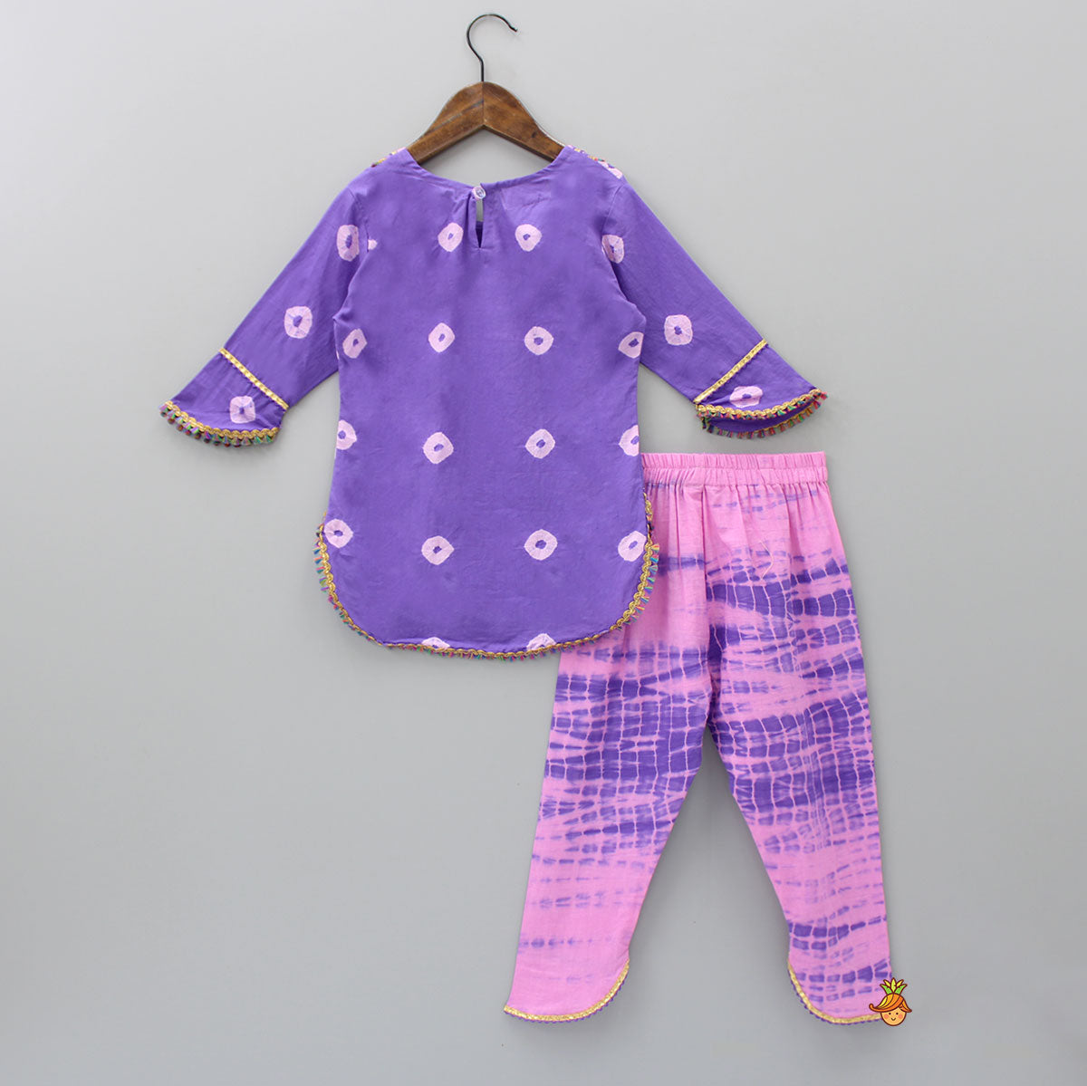 High Low Purple Fringes Kurti And Shibori Printed Stylish Pant