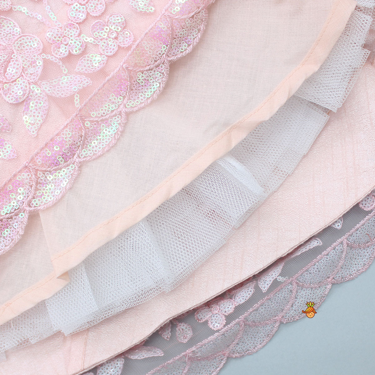 Pre Order: Elegant Peach Drape Top And Heavy Sequins Embroidered Lehenga