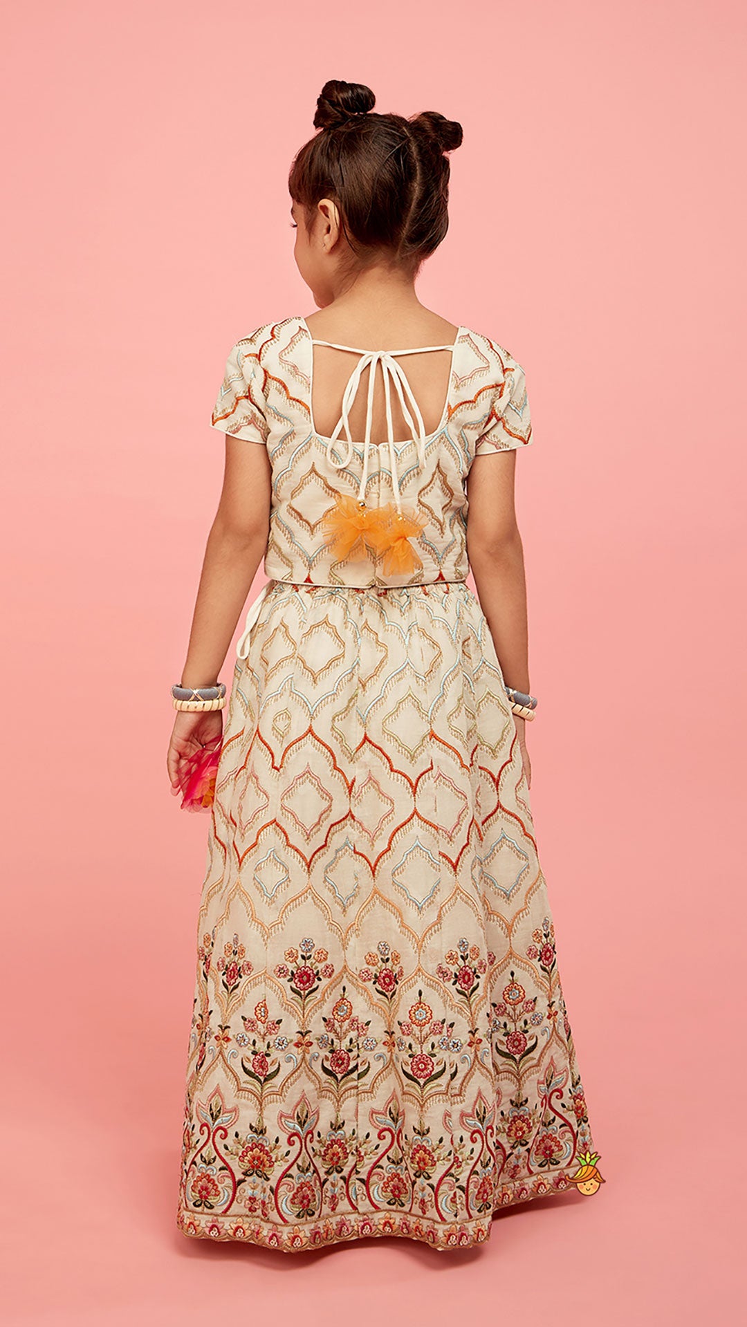 Pre Order: Short Sleeves Off White Top And Flower Tassels Detail Lehenga With Matching Dupatta