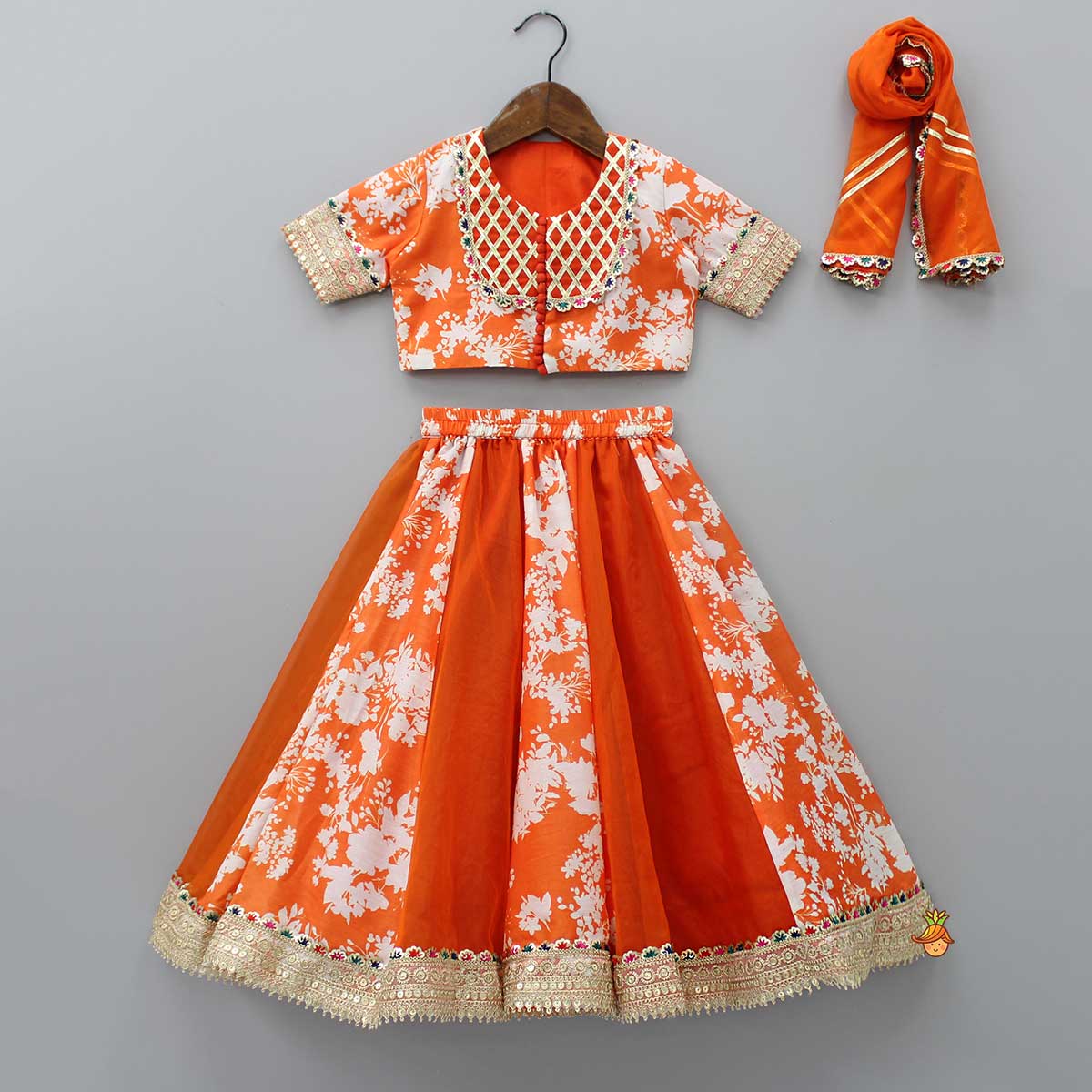 Pre Order: Checks Detail Yoke Orange Top And Floral Printed Lehenga With Organza Dupatta