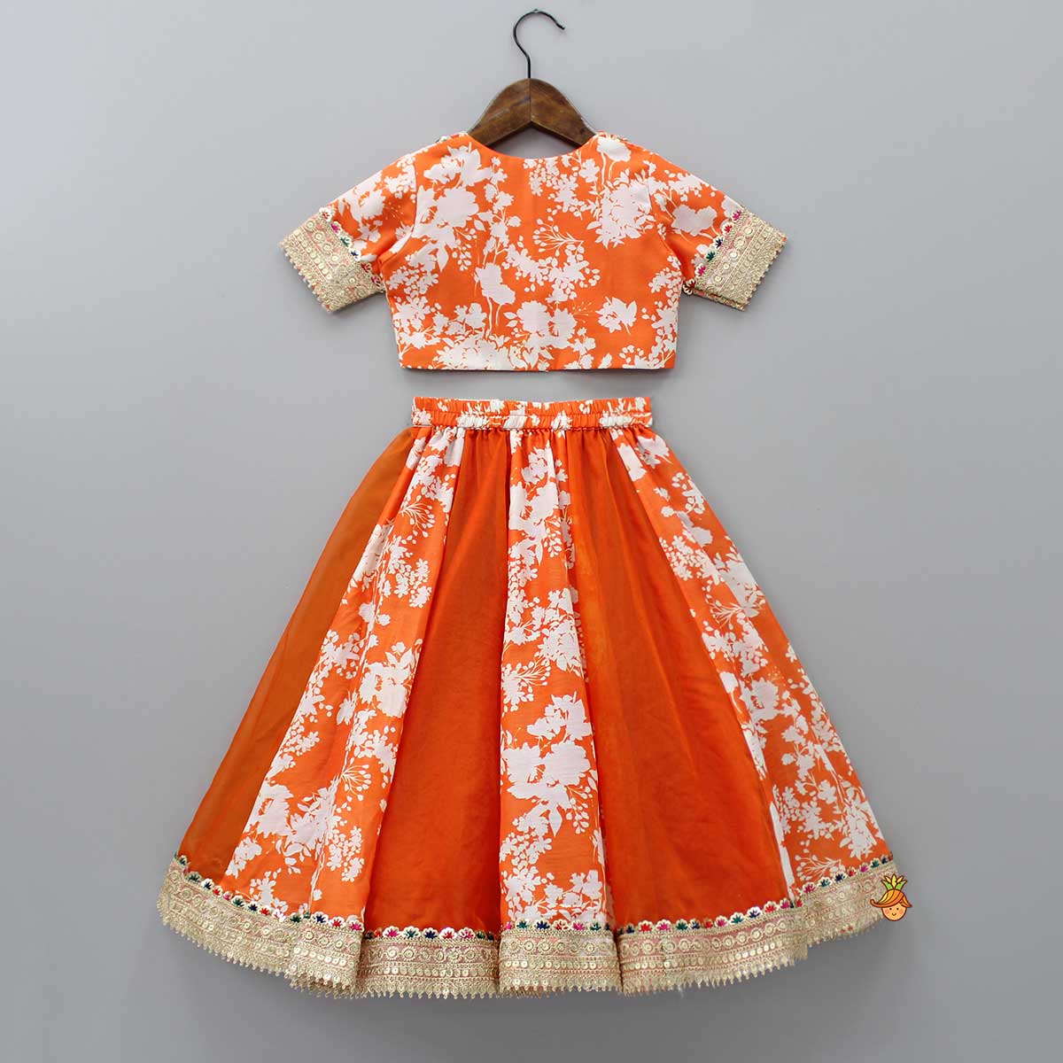 Pre Order: Checks Detail Yoke Orange Top And Floral Printed Lehenga With Organza Dupatta