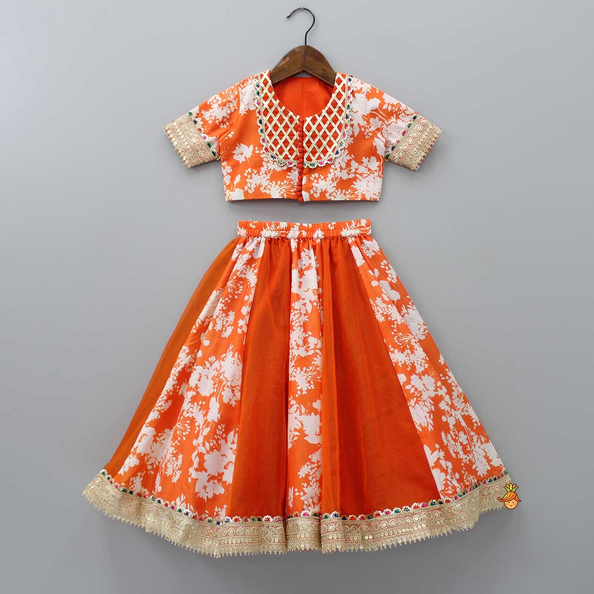 Pre Order: Checks Detail Yoke Orange Top And Floral Printed Lehenga With Organza Dupatta