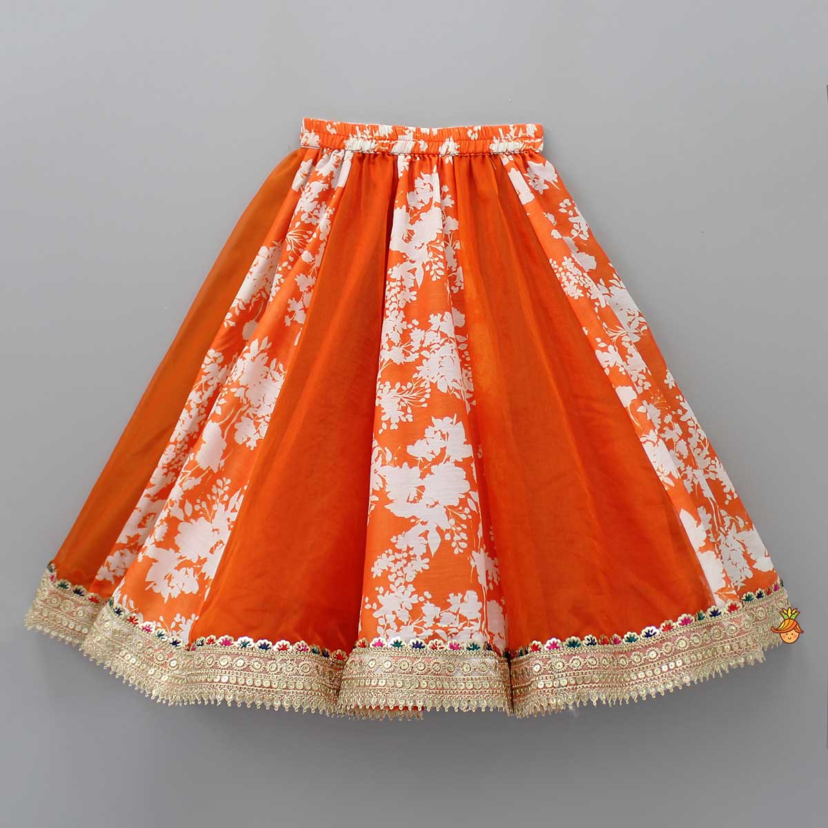 Pre Order: Checks Detail Yoke Orange Top And Floral Printed Lehenga With Organza Dupatta