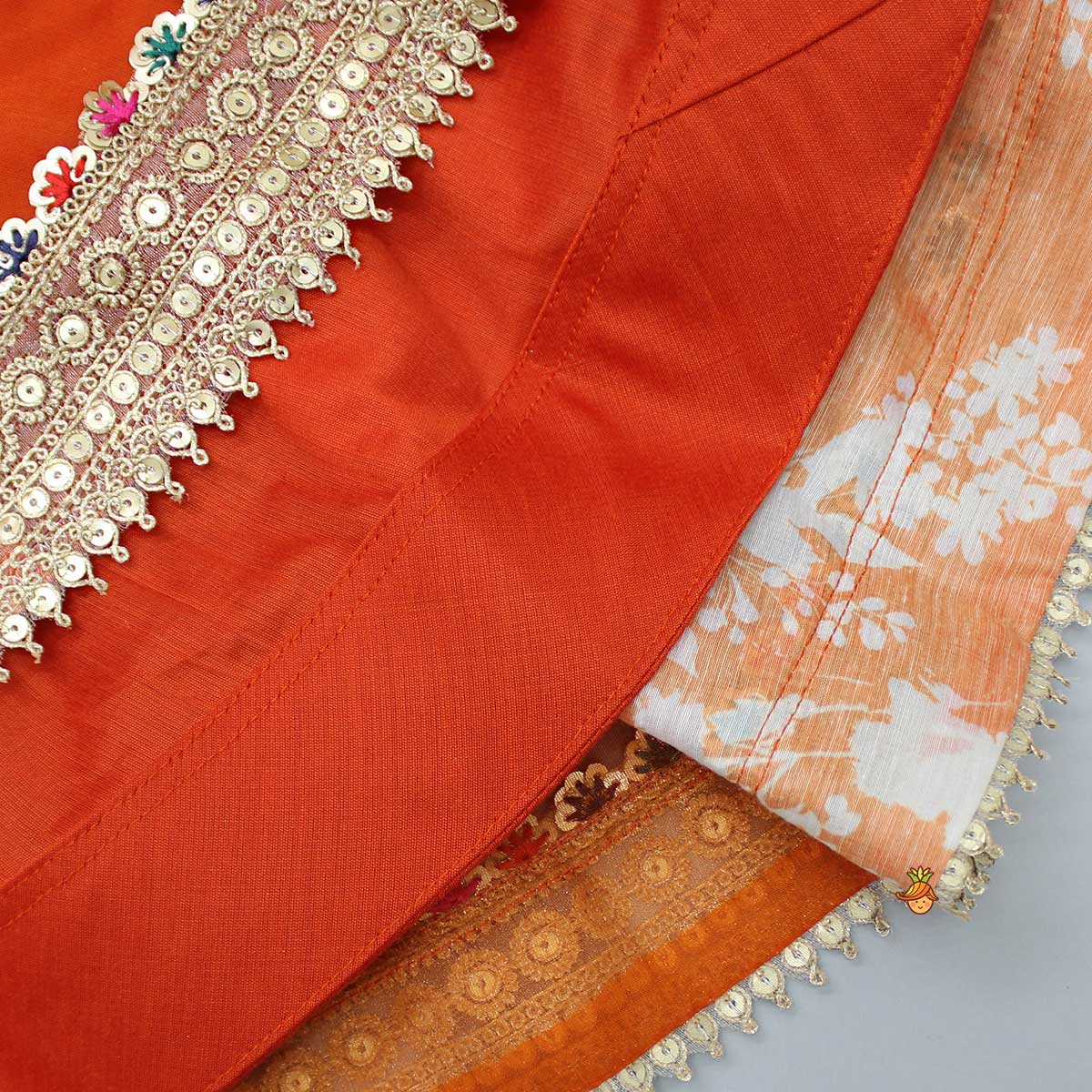 Pre Order: Checks Detail Yoke Orange Top And Floral Printed Lehenga With Organza Dupatta