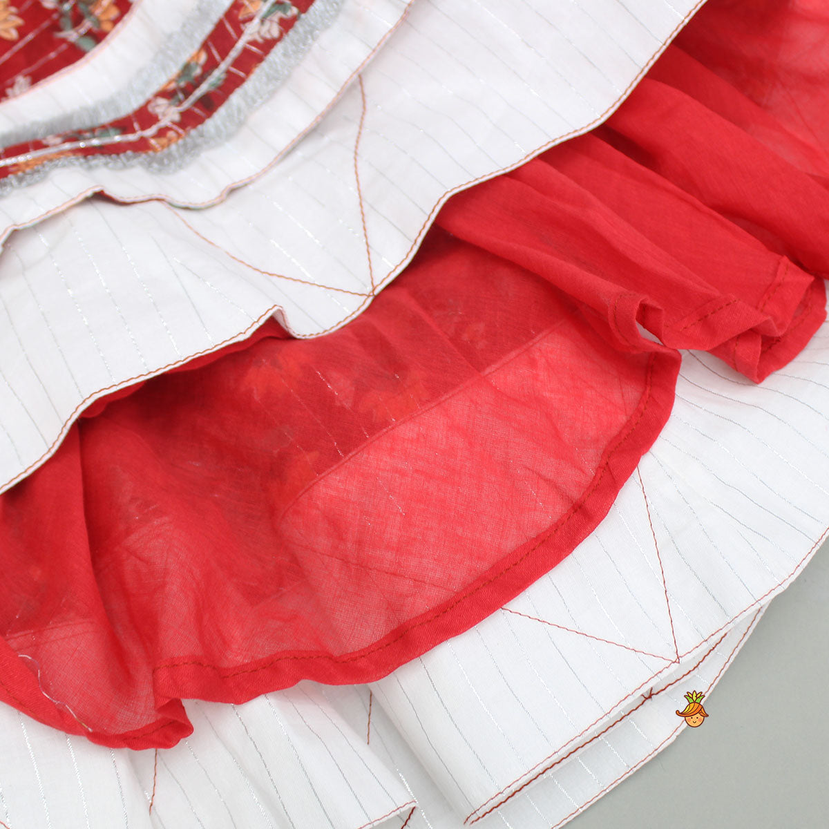 Pre Order: Halter Neck Red Cotton Top And Layered Hem Lehenga With Lurex Striped White Dupatta