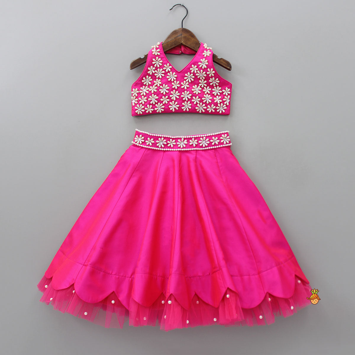 Pre Order: Halter Neck Pink Floral Embroidered Top And Scalloped Hem Lehenga With Flat Back Pearls Enhanced Ruffle Dupatta