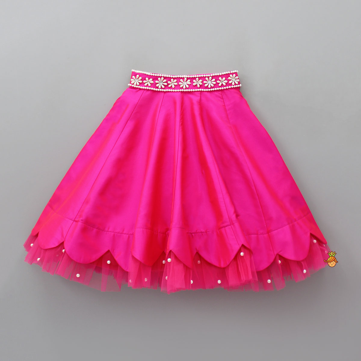 Pre Order: Halter Neck Pink Floral Embroidered Top And Scalloped Hem Lehenga With Flat Back Pearls Enhanced Ruffle Dupatta