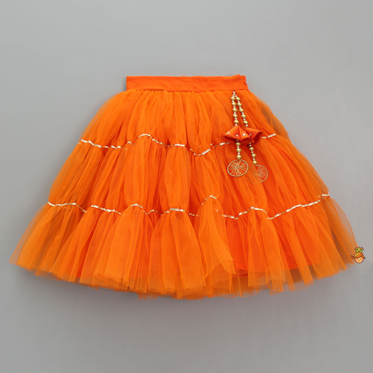 Pre Order: Front Open Embroidered Orange Top And Tiered Net Lehenga With Fringes Dupatta