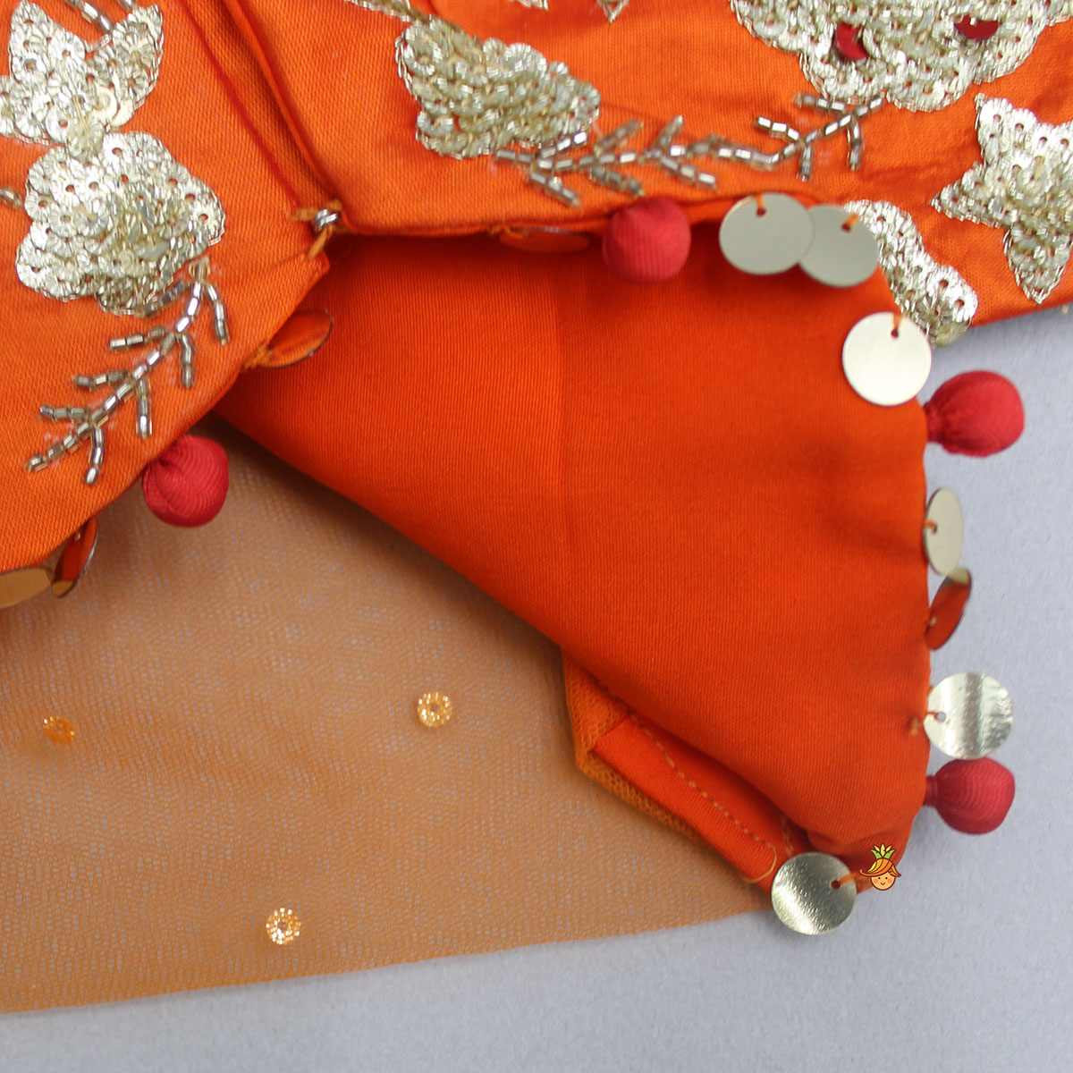 Pre Order: Front Open Embroidered Orange Top And Tiered Net Lehenga With Fringes Dupatta